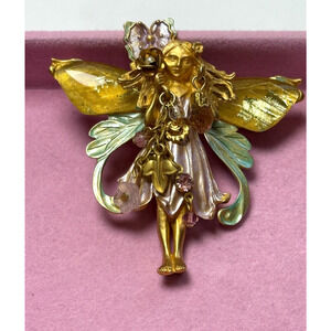 Large Signed Kirks Folly Gold Tone Enamel Primrose Flower Fairy Brooch Pendant